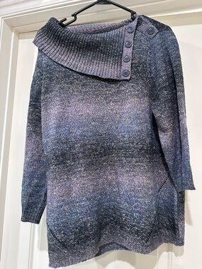 Women’s Button-Shoulder Ribbed Collar Sweater - Blue